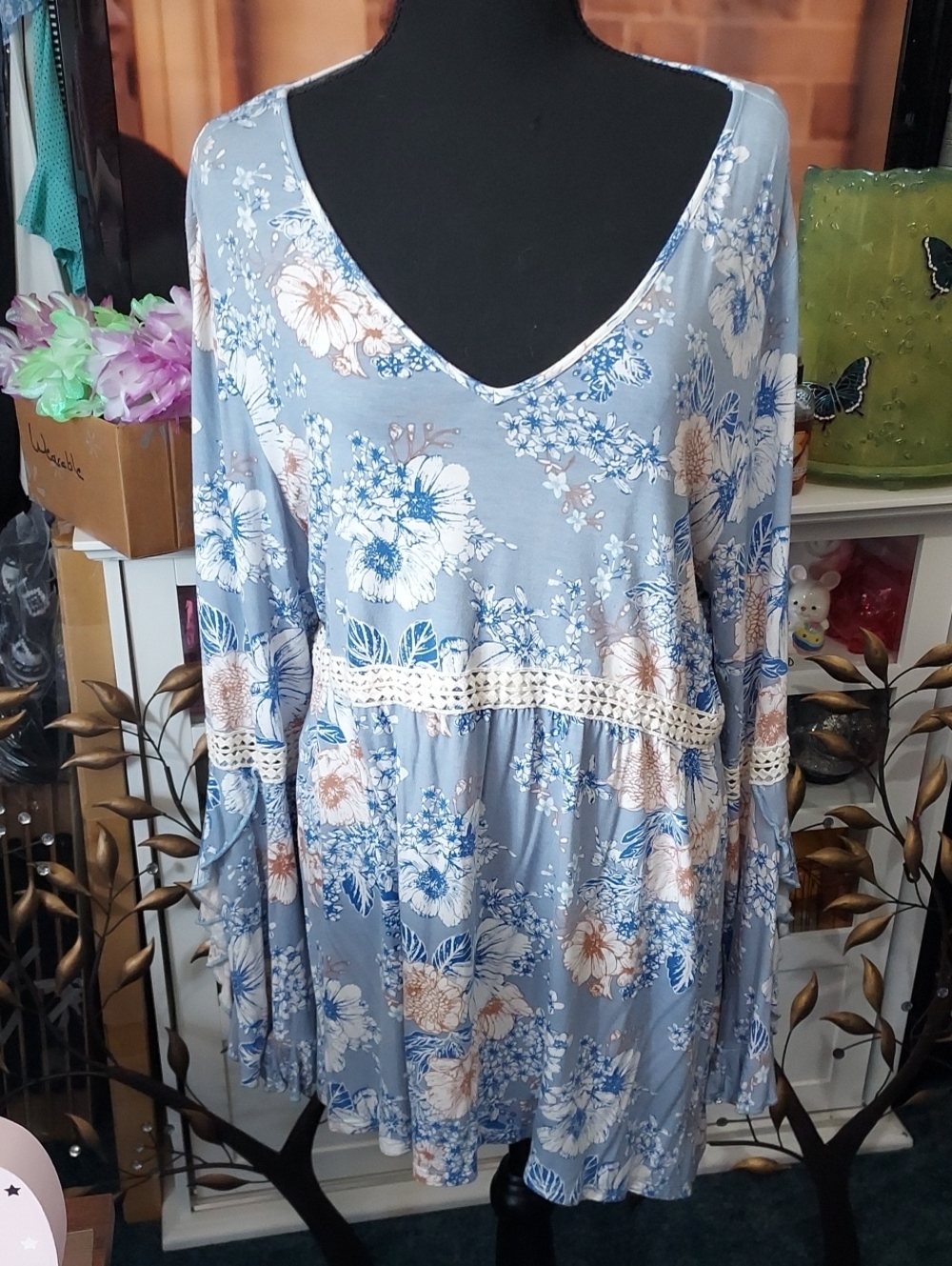 Relativity Blue Floral Crocheted Waist Tunic